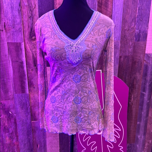 astuces Tops - Shimmery Purple and Pink Long Sleeve V-Neck Blouse